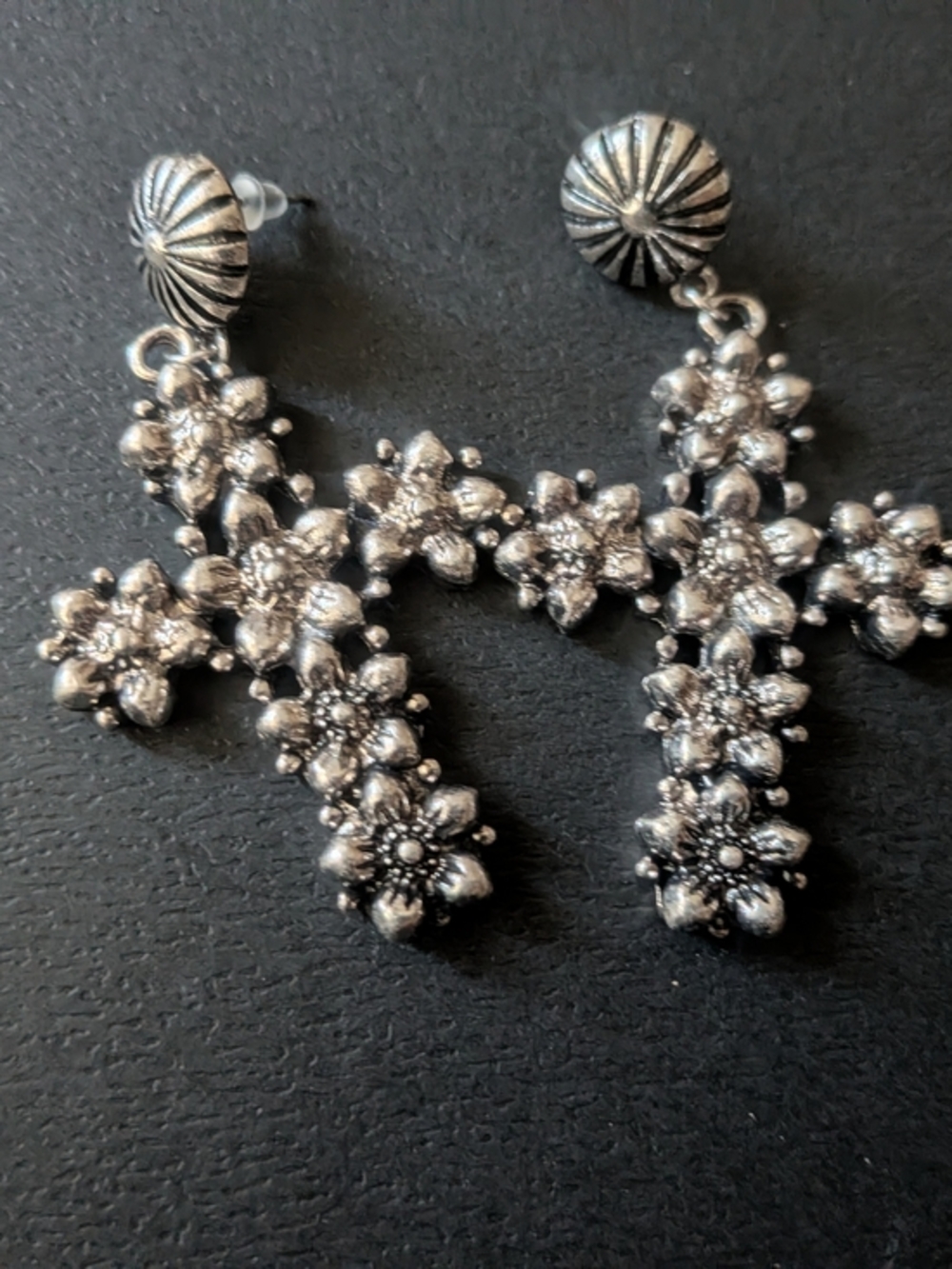 Stunning Vintage Silver Floral Cross Dangle Earrings, a touch of gothic romance